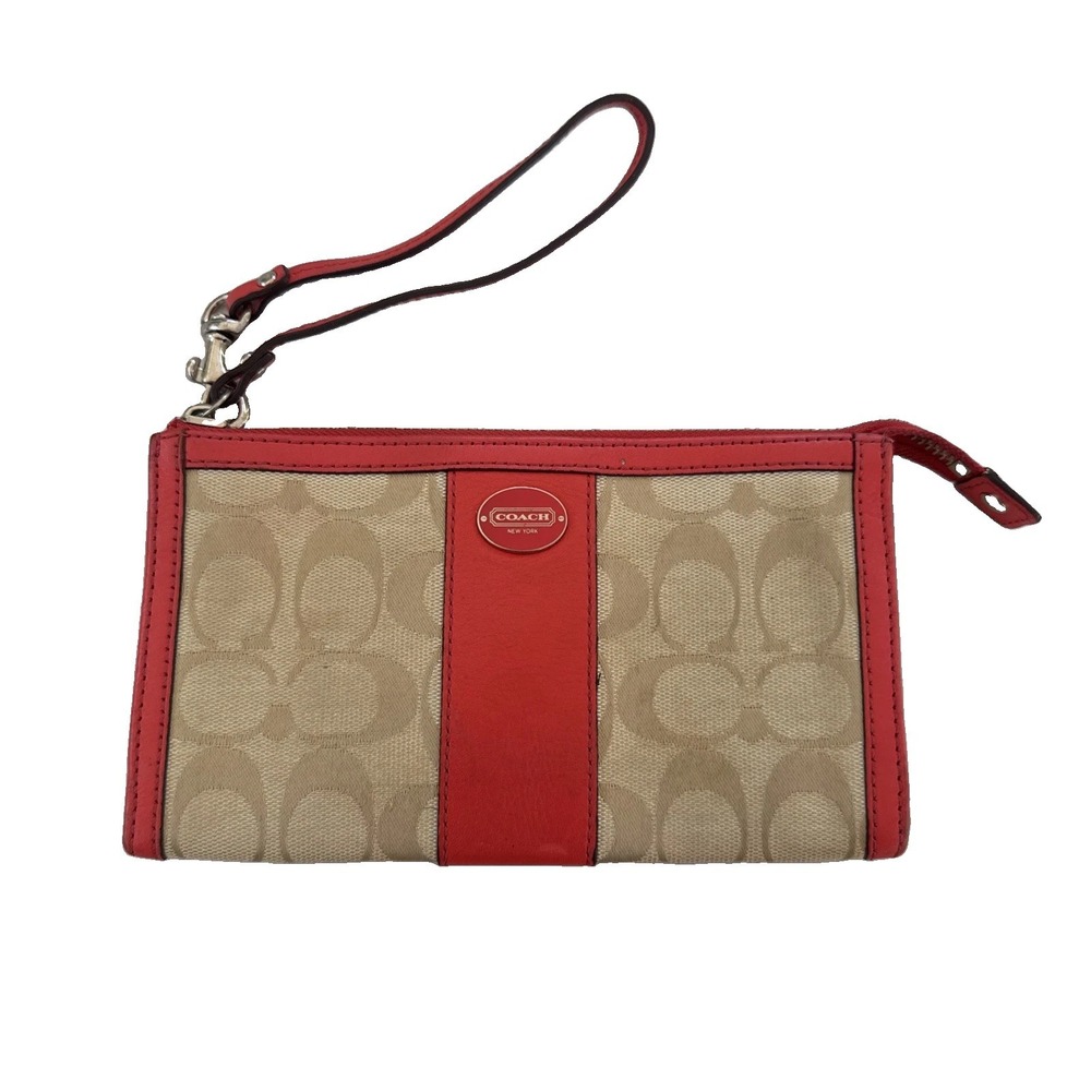 Coach Tan Clutch Wristlet Zip Wallet in  Khaki & Coral  7.5" X 4.5"
